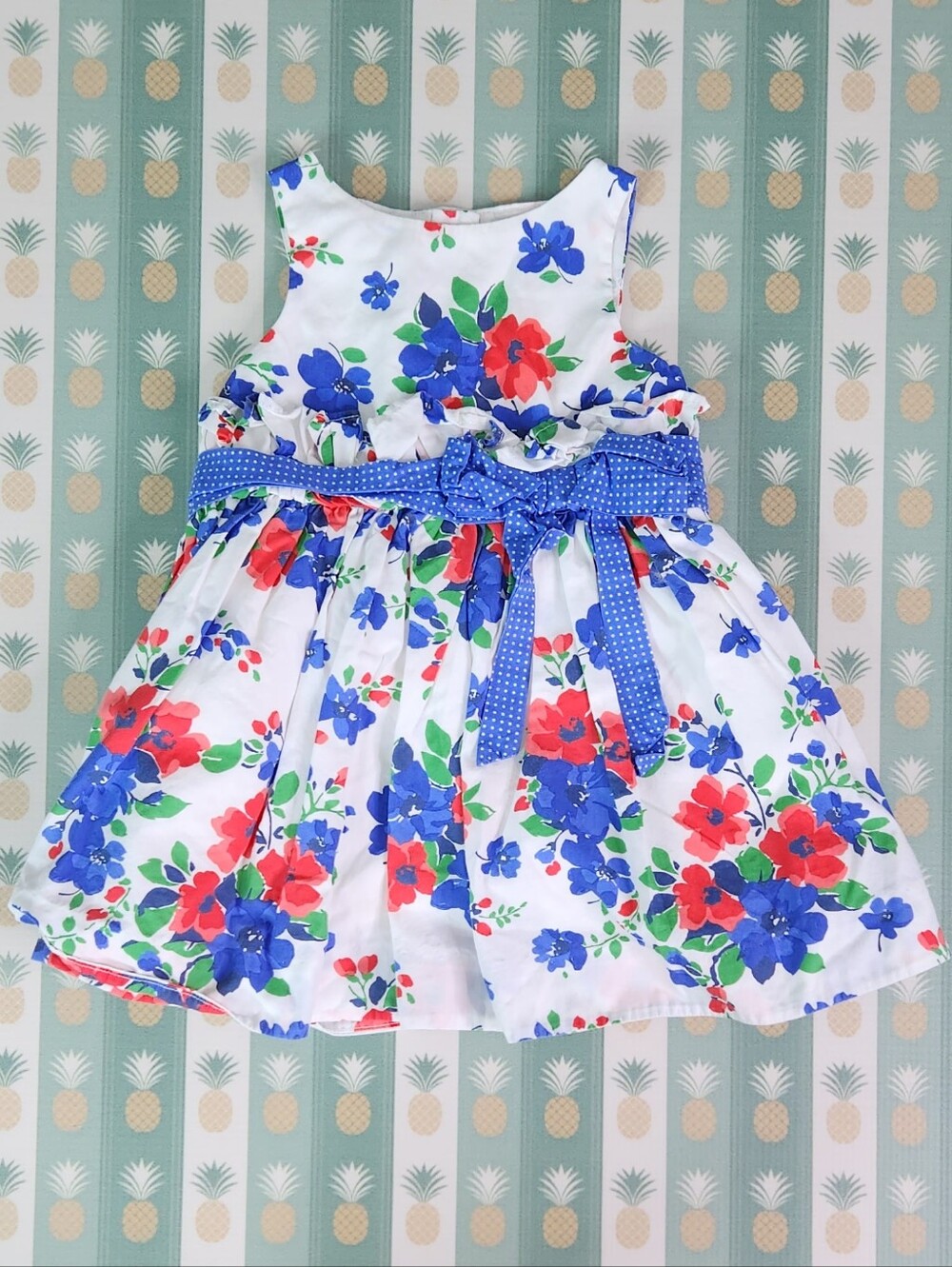 Janie & Jack Girls Floral Summer Dress with Blue Ribbon